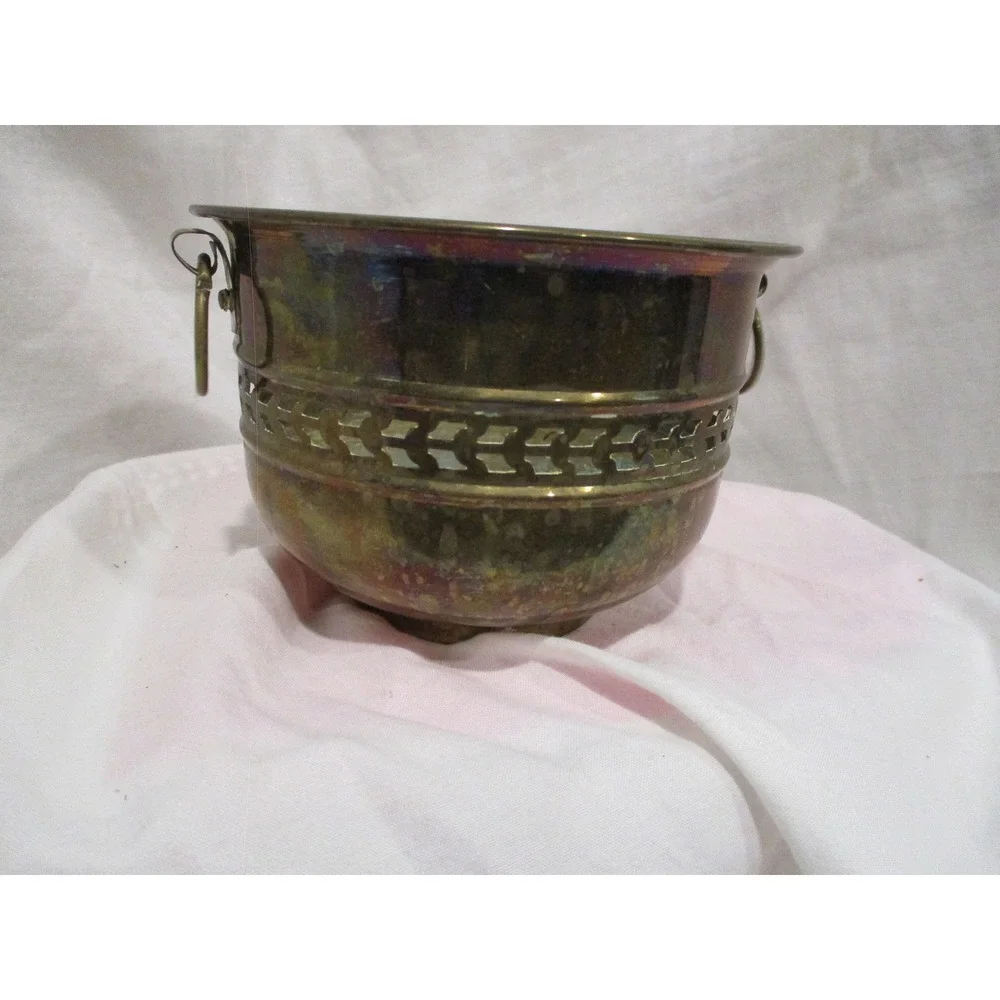 Brass‎ Bowl, ring handles made in India planter midcentury centerpiece catchall